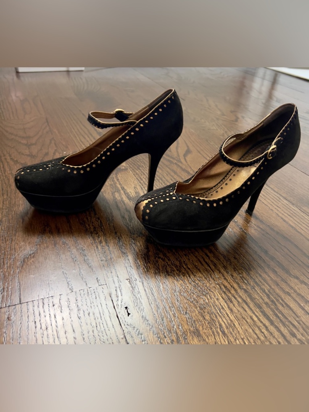 Authentic Saint Laurent Black Suede Mary Jane Heels with Gold Interior - Picture 2 of 4